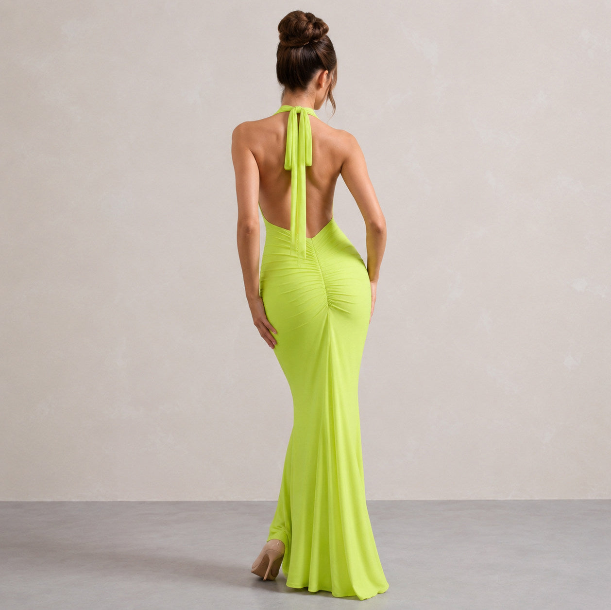 Halter Ruched Plunge Gown