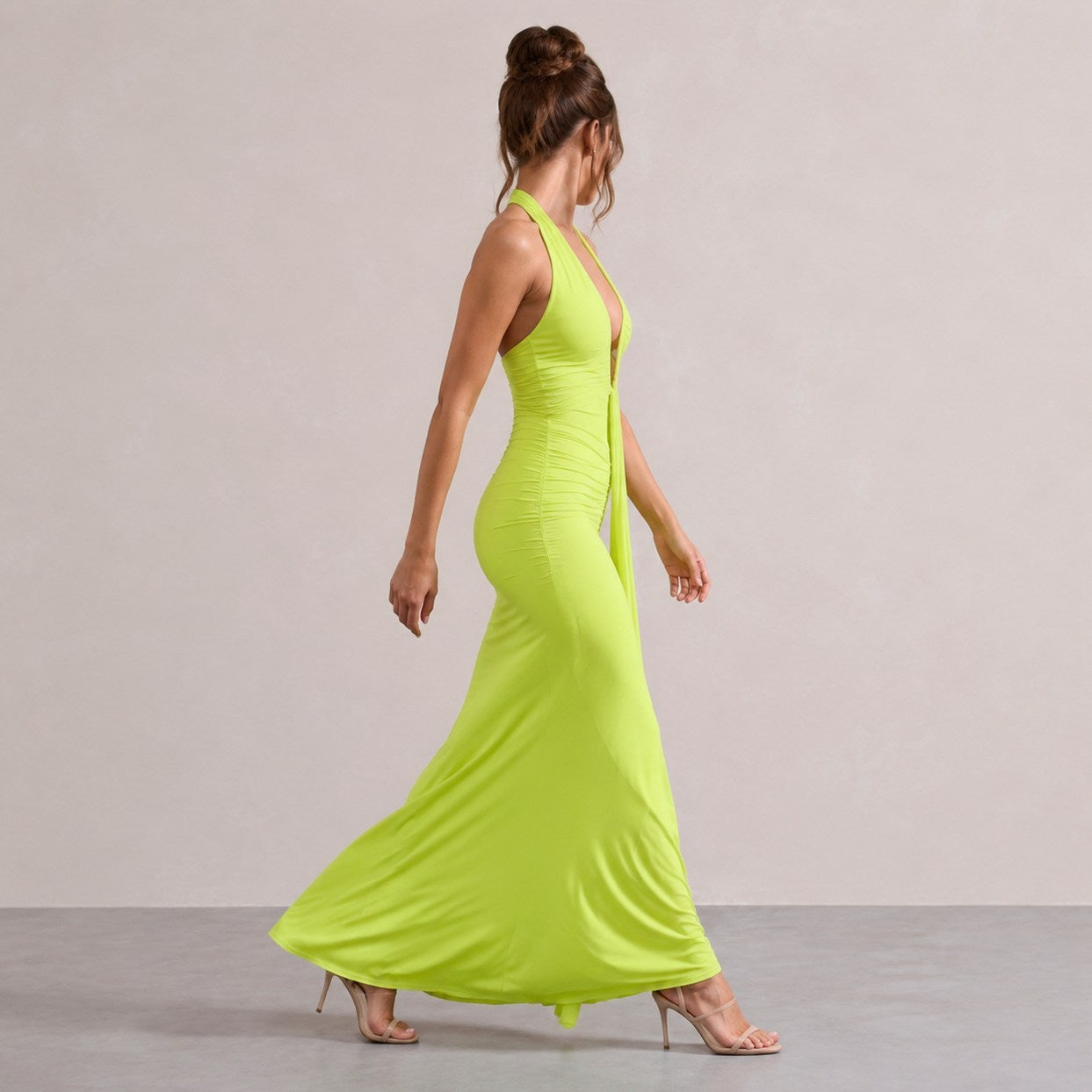 Halter Ruched Plunge Gown