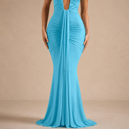 Halter Ruched Plunge Gown