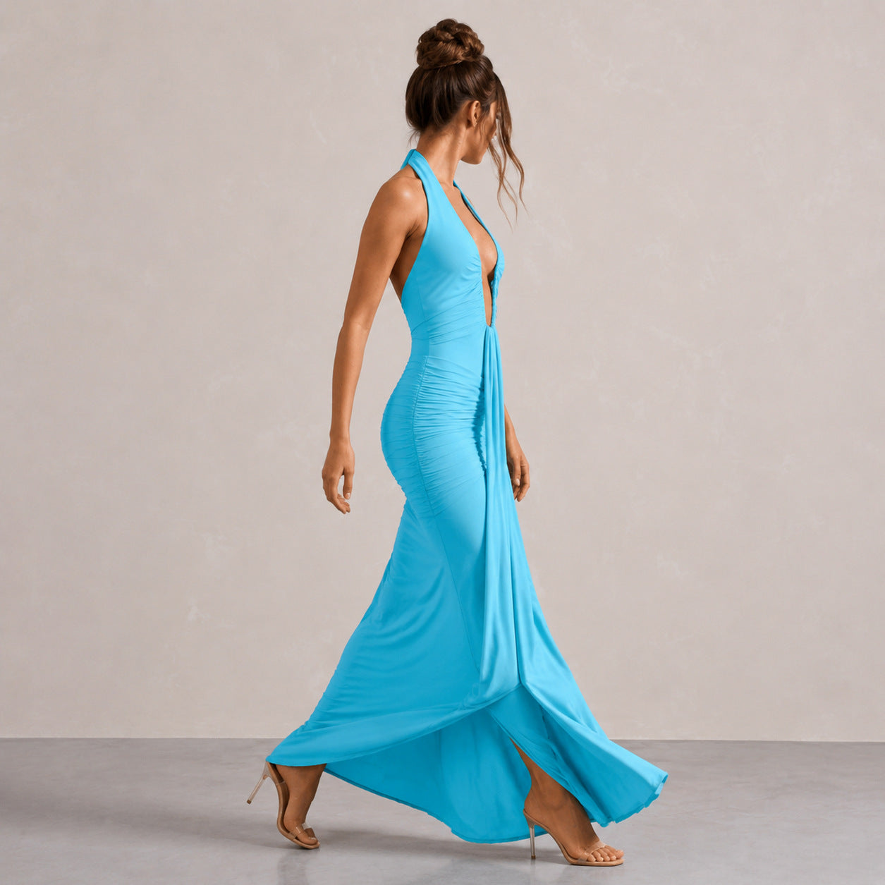 Halter Ruched Plunge Gown