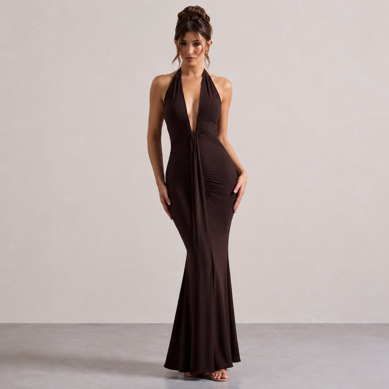 Halter Ruched Plunge Gown
