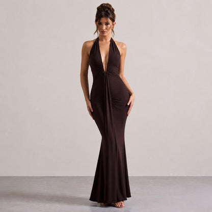 Halter Ruched Plunge Gown