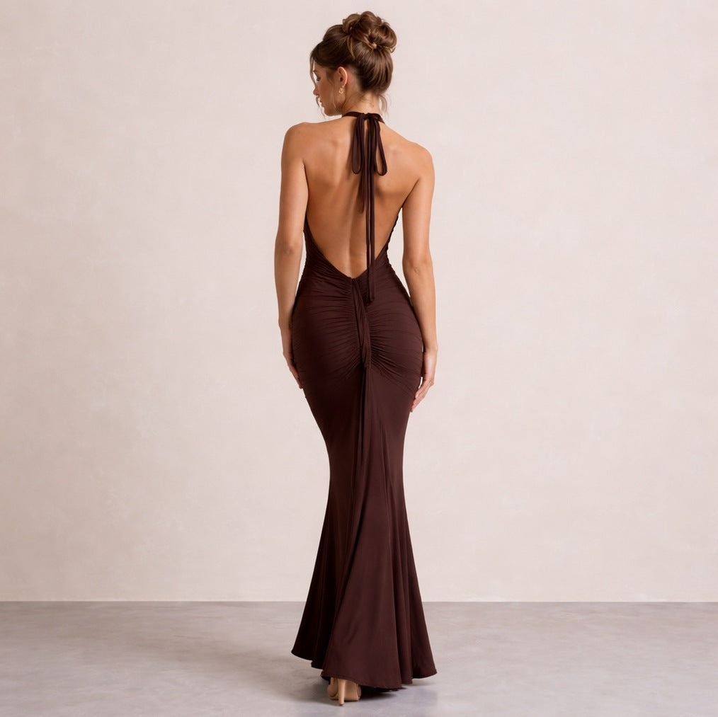 Halter Ruched Plunge Gown
