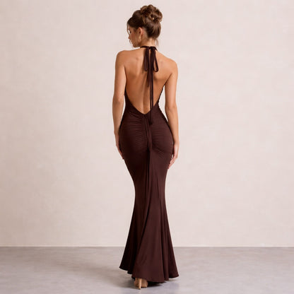 Halter Ruched Plunge Gown