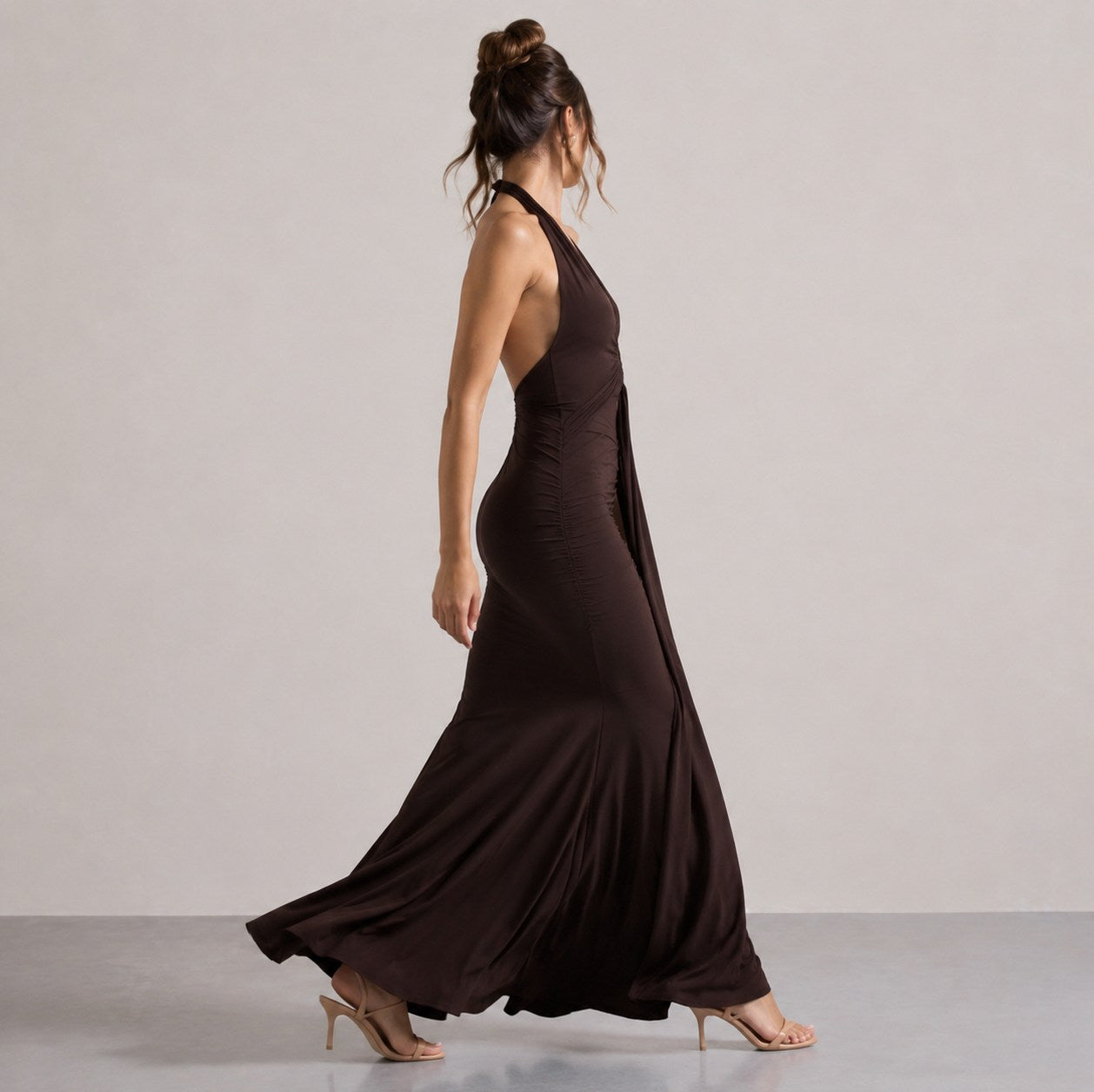 Halter Ruched Plunge Gown