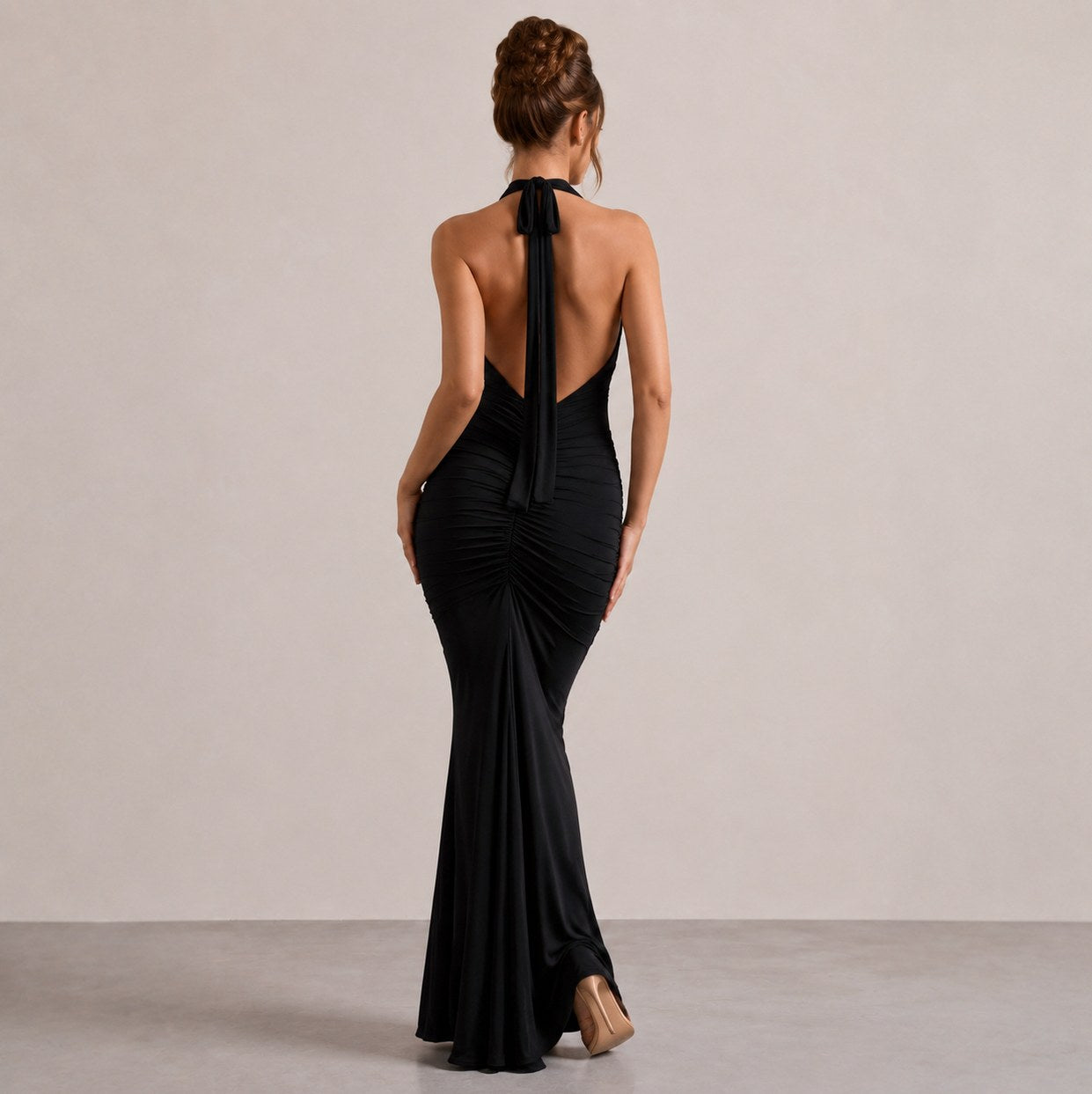 Halter Ruched Plunge Gown