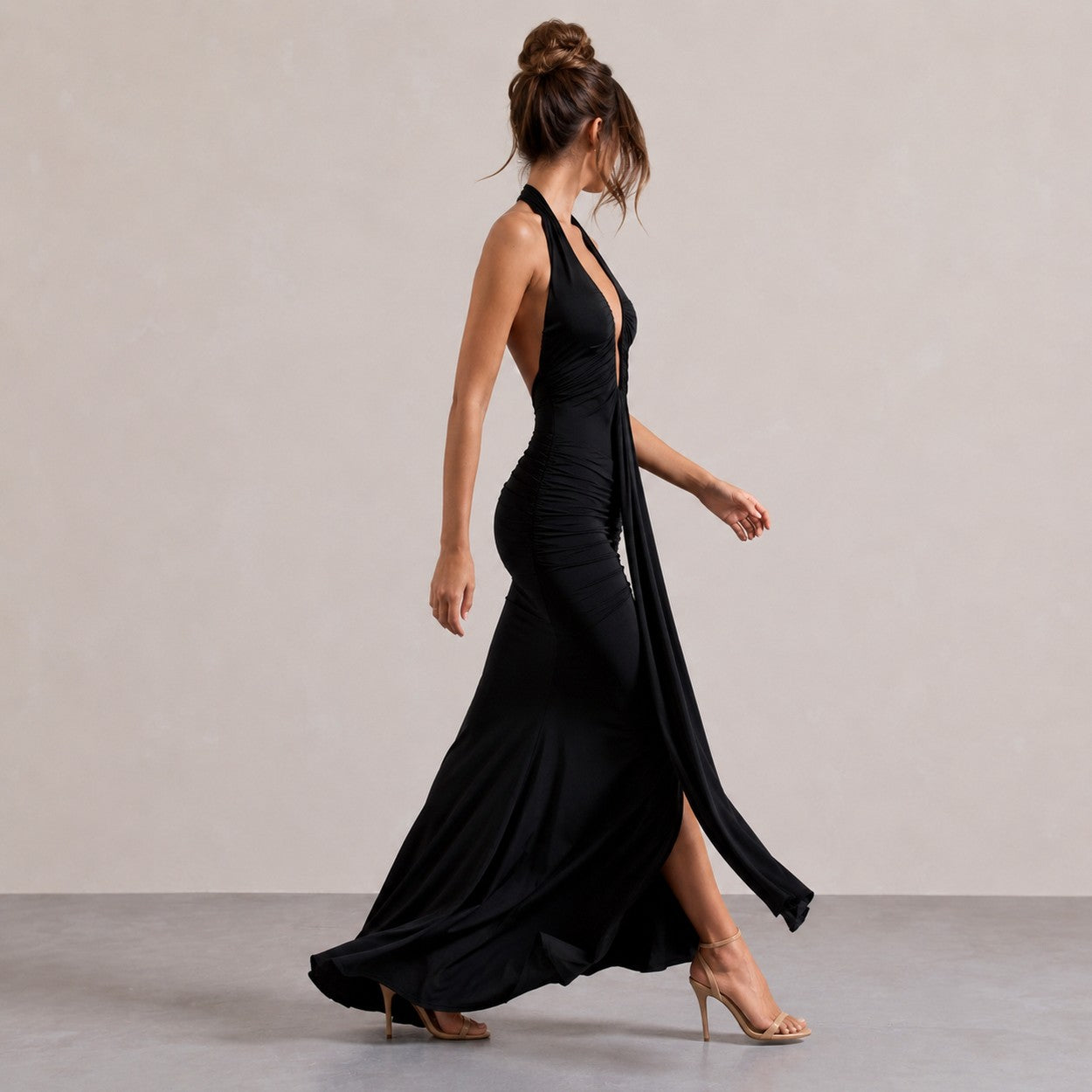Halter Ruched Plunge Gown