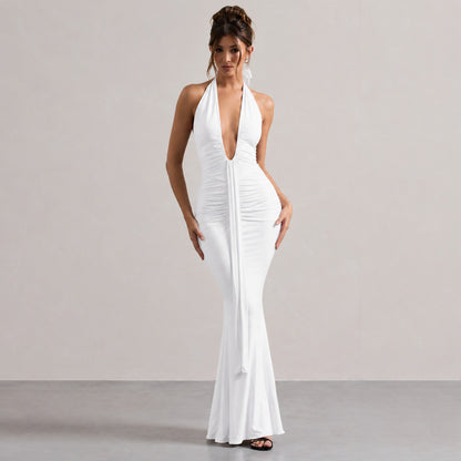 Halter Ruched Plunge Gown