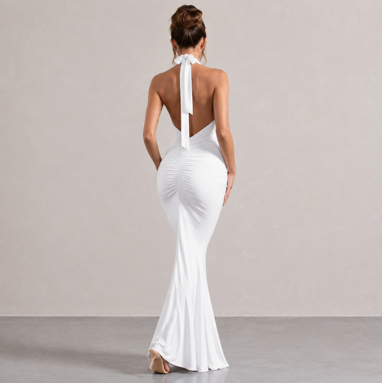 Halter Ruched Plunge Gown