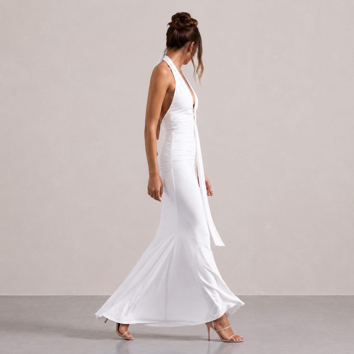 Halter Ruched Plunge Gown