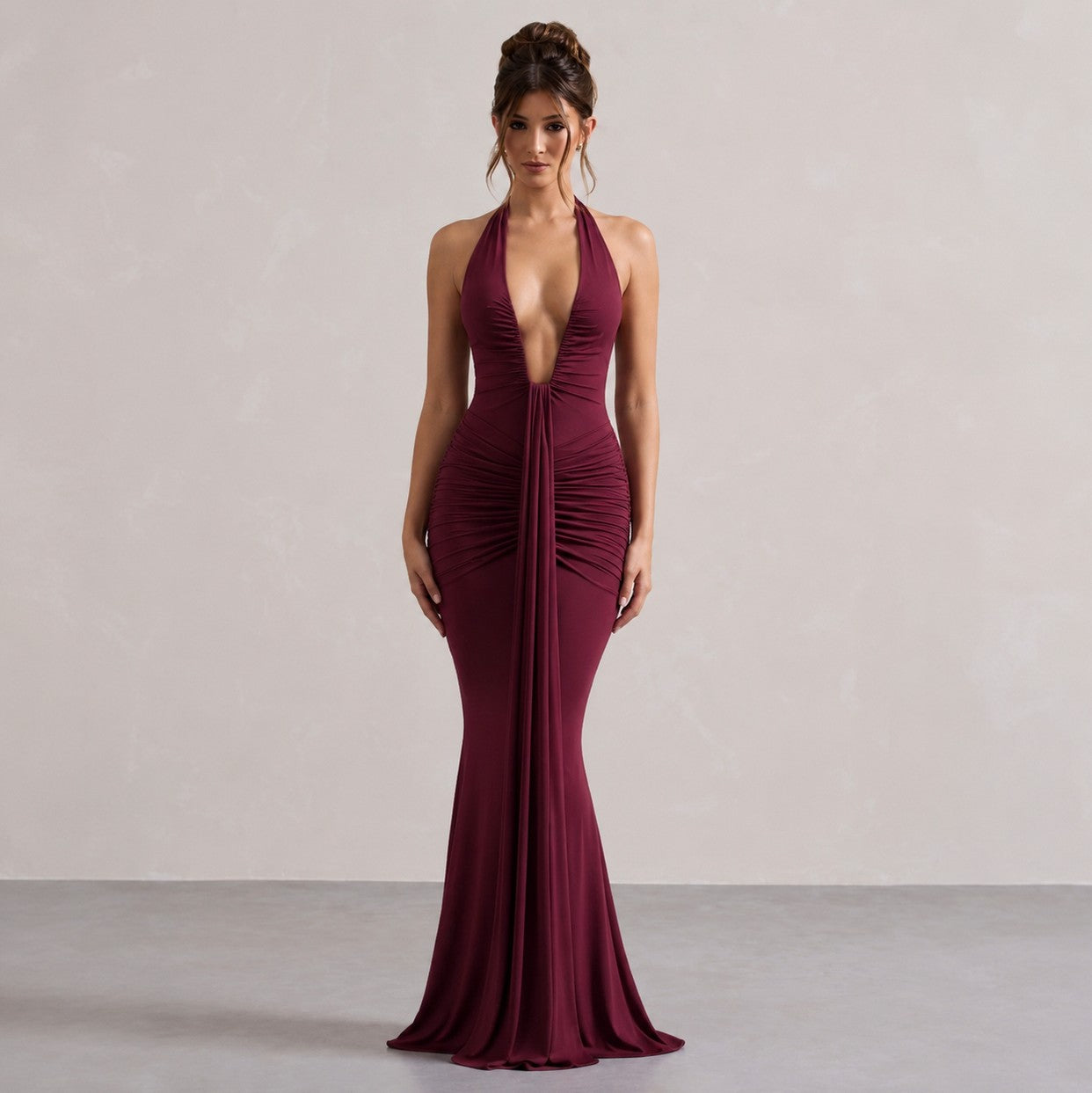 Halter Ruched Plunge Gown