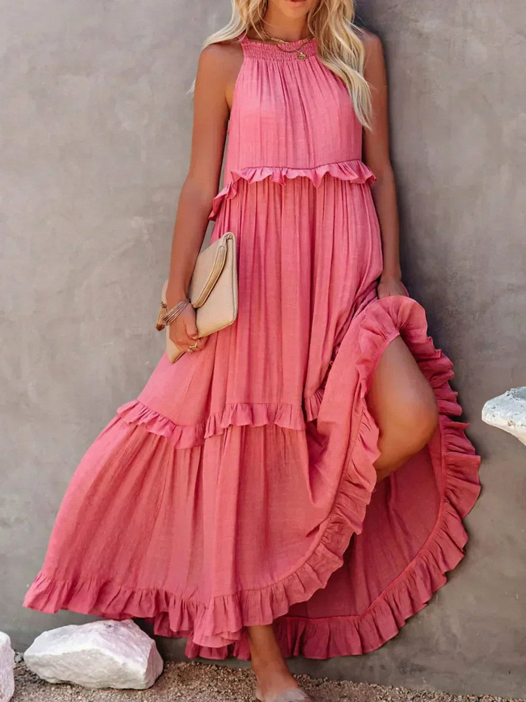 Halter Tiered Ruffle Maxi Dress
