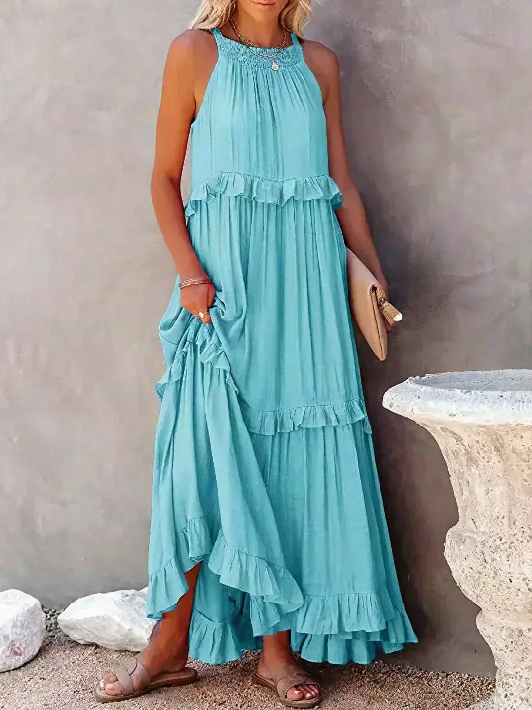 Halter Tiered Ruffle Maxi Dress