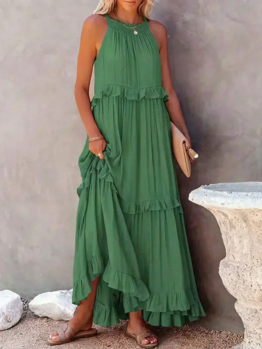 Halter Tiered Ruffle Maxi Dress