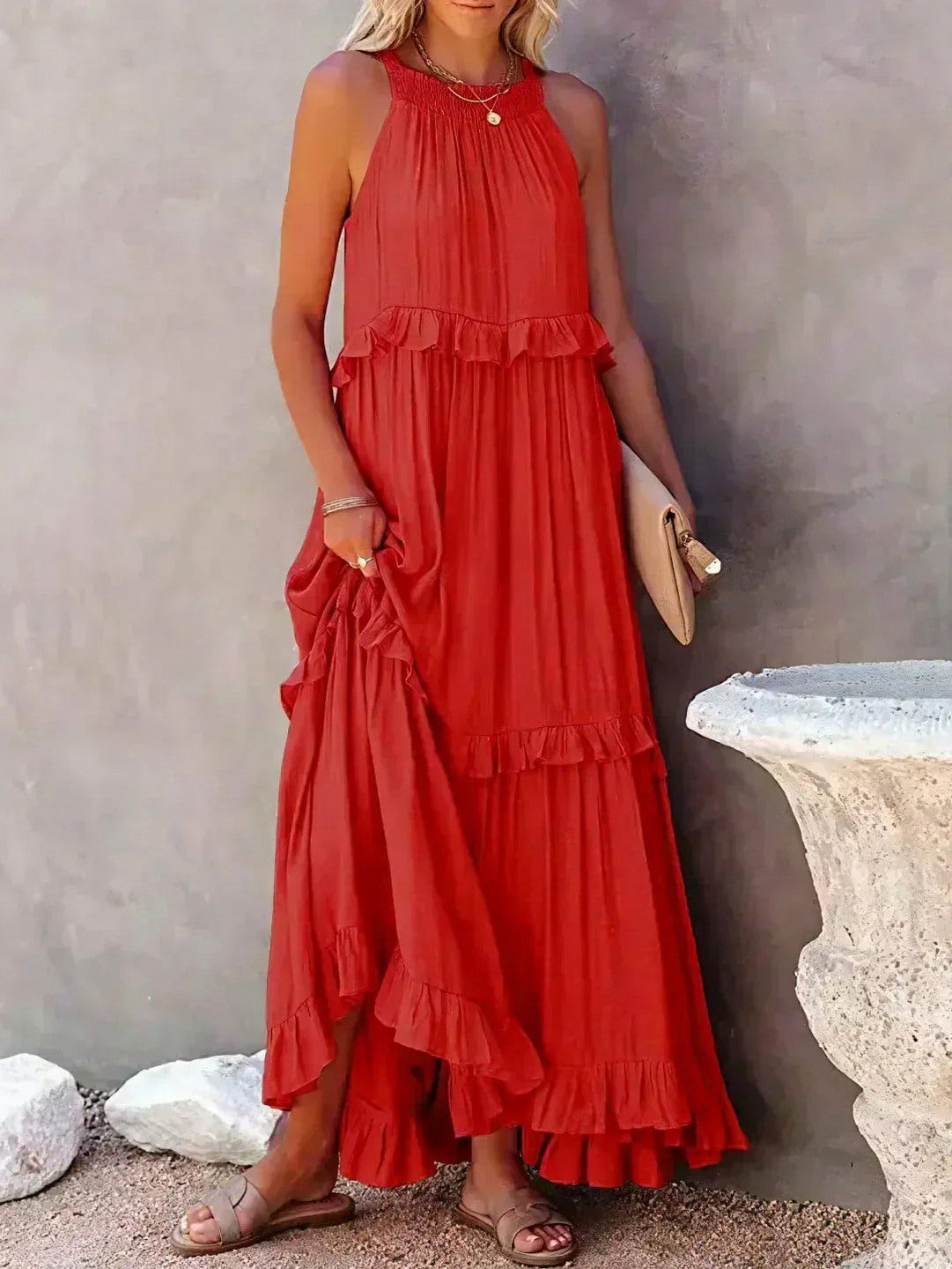 Halter Tiered Ruffle Maxi Dress
