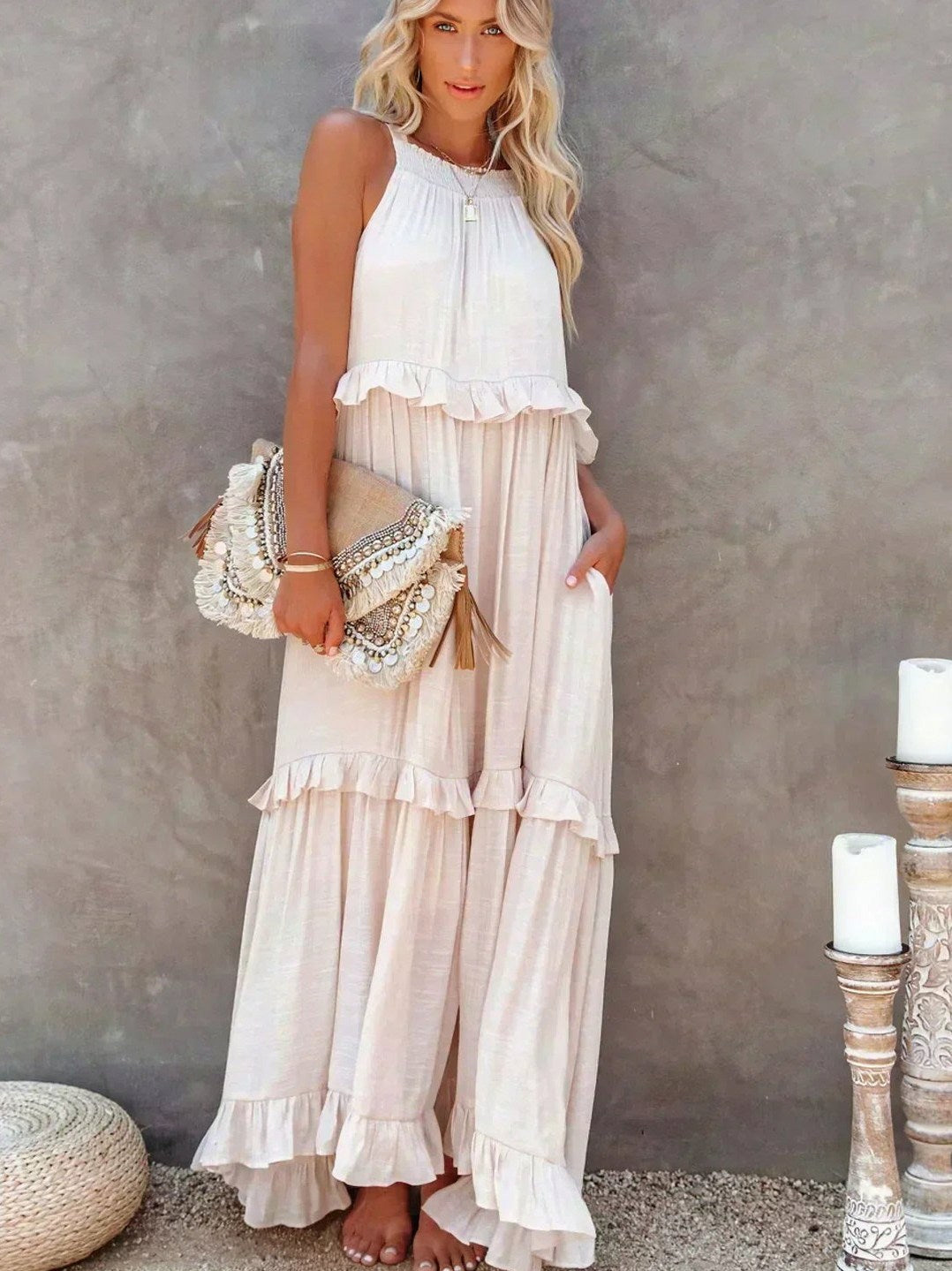 Halter Tiered Ruffle Maxi Dress