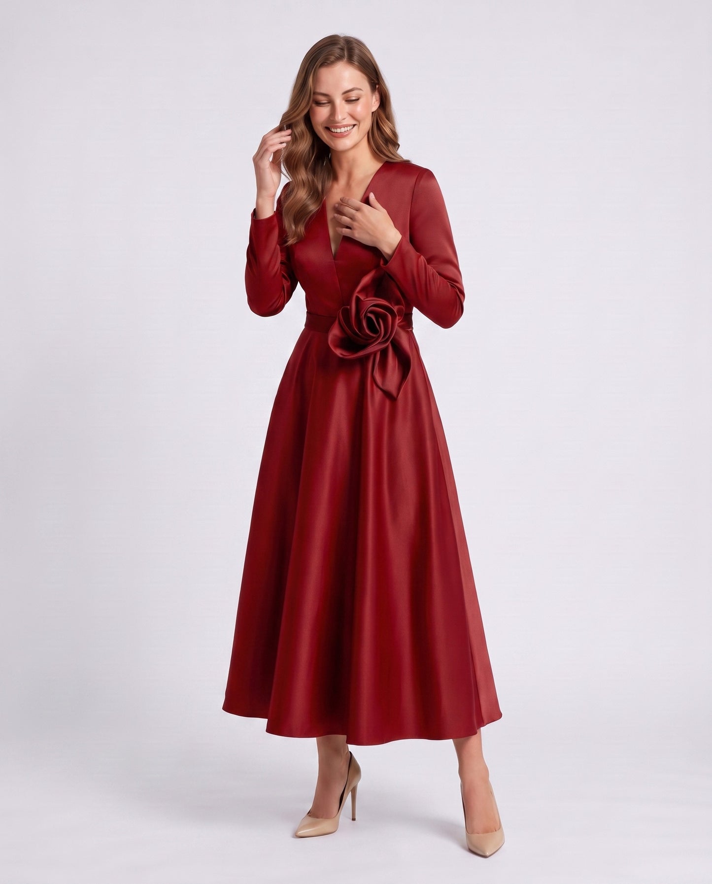 Satin Long Sleeve Midi Dress