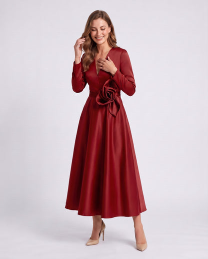 Satin Long Sleeve Midi Dress