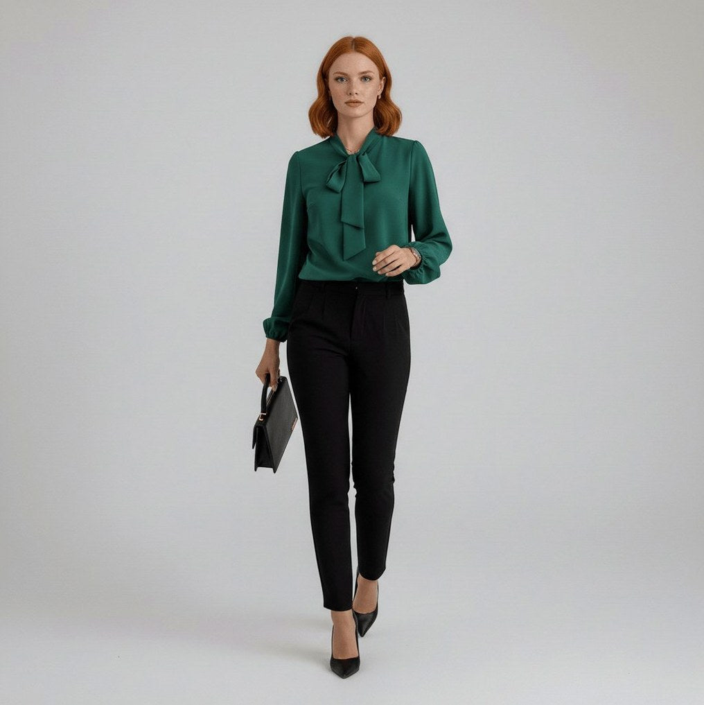 Crepe Tie Neck Long Sleeve Blouse