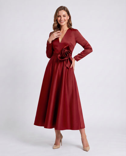Satin Long Sleeve Midi Dress