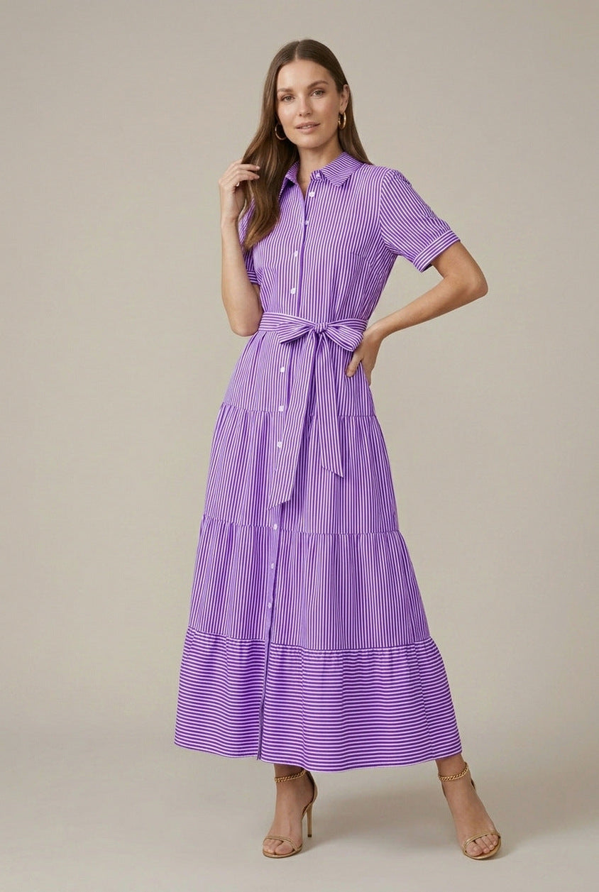Striped Tiered Maxi Shirt Dress