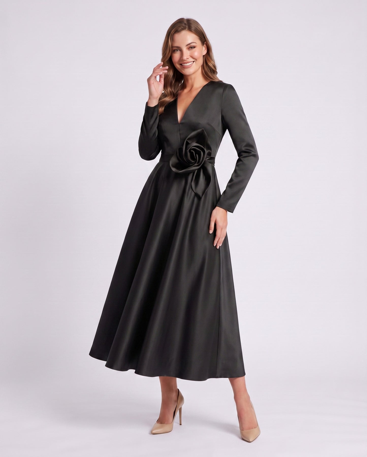 Satin Long Sleeve Midi Dress