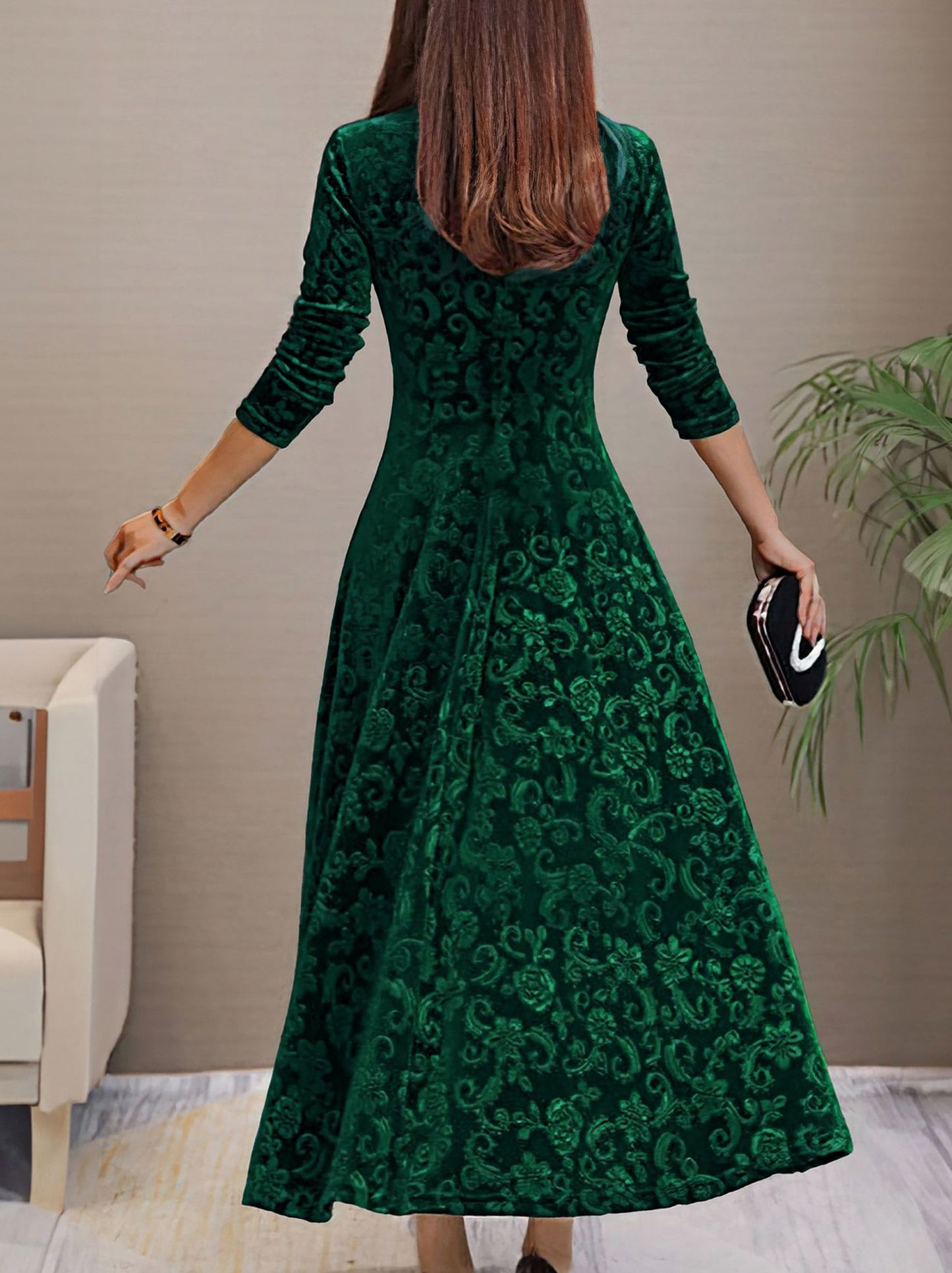 Textured Velvet Long Sleeve Maxi Dress