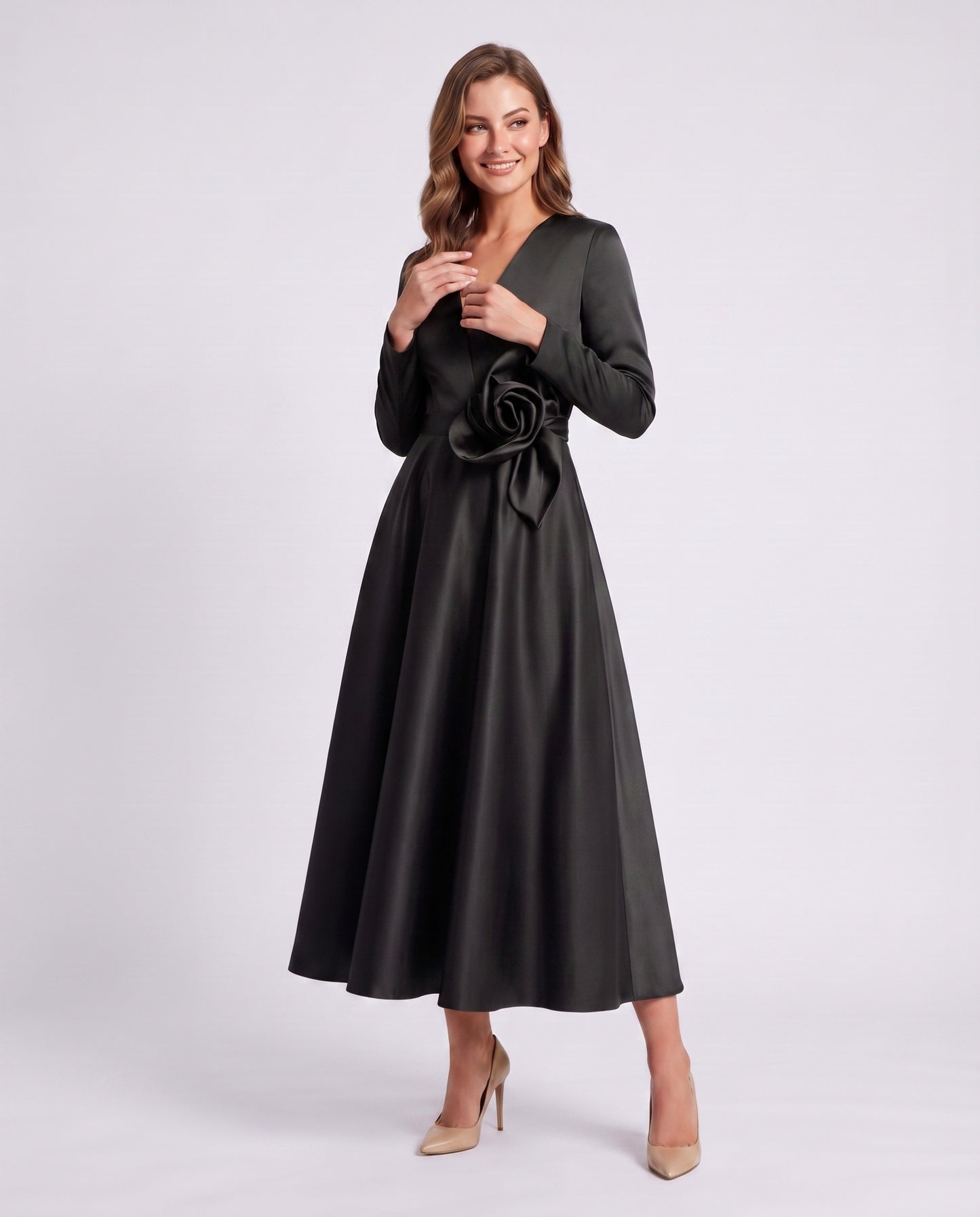 Satin Long Sleeve Midi Dress