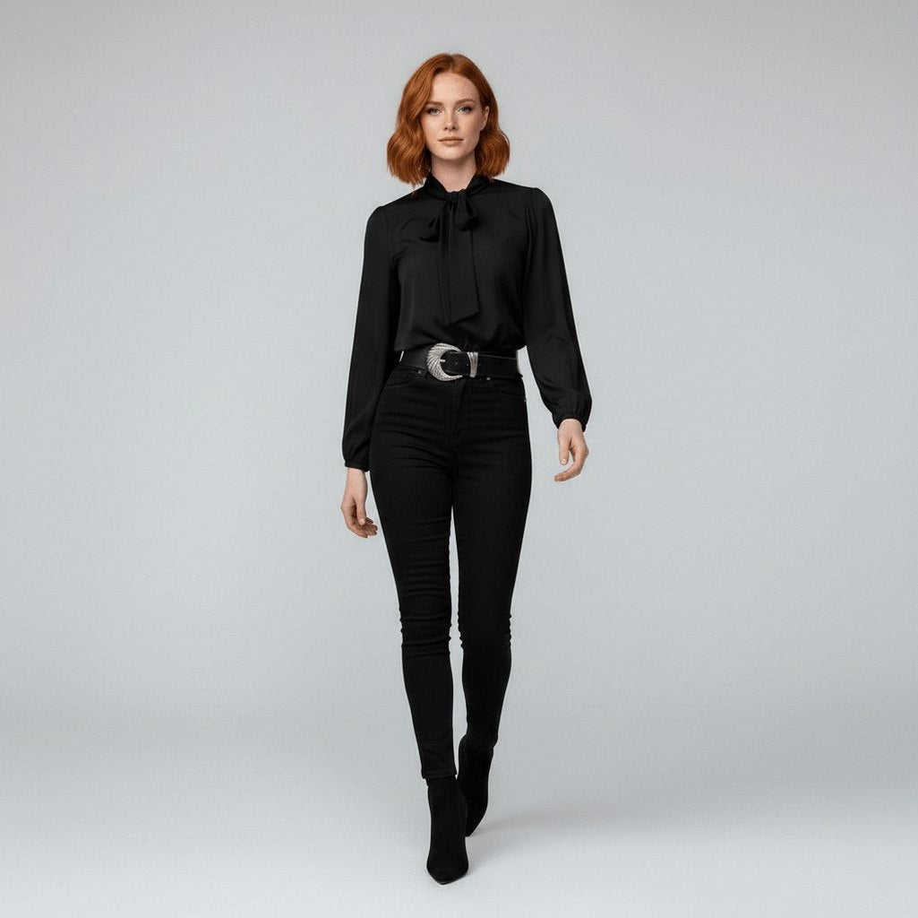 Crepe Tie Neck Long Sleeve Blouse