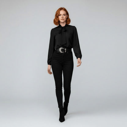 Crepe Tie Neck Long Sleeve Blouse