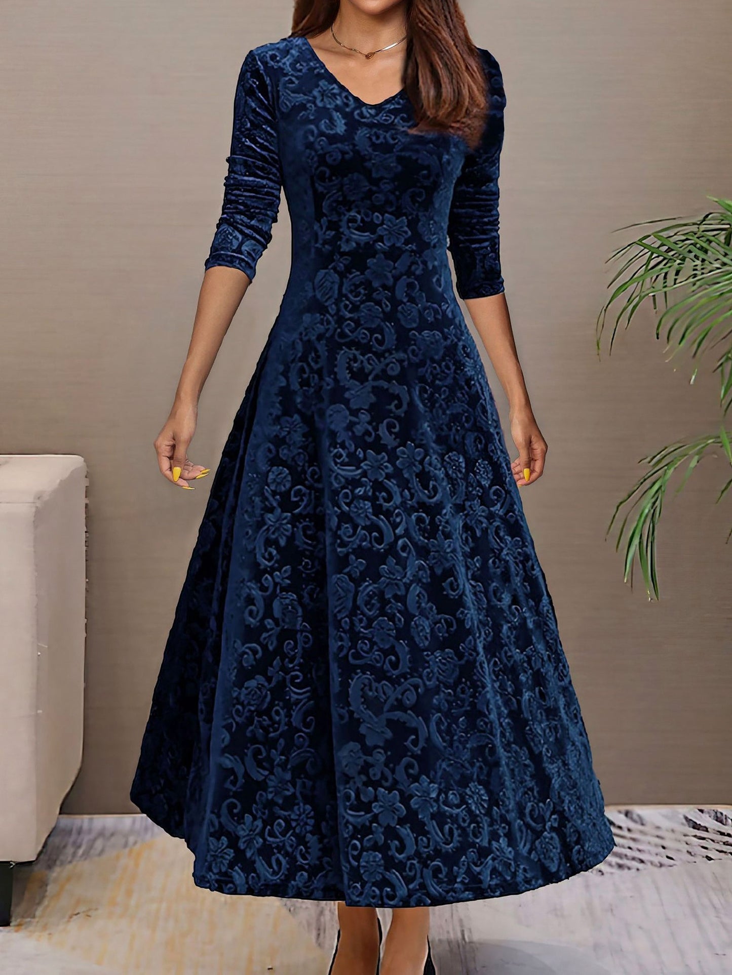 Textured Velvet Long Sleeve Maxi Dress