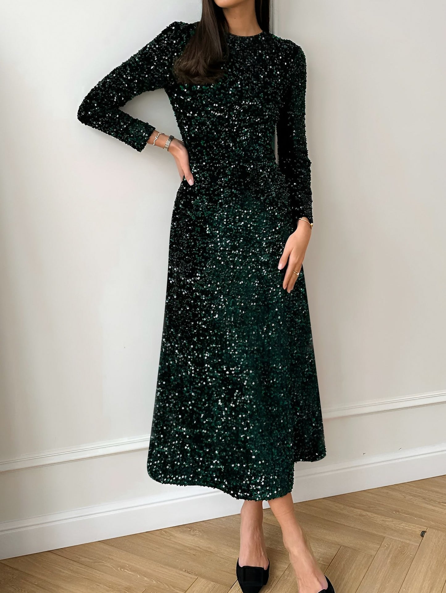Sequin Long Sleeve Midi Dress