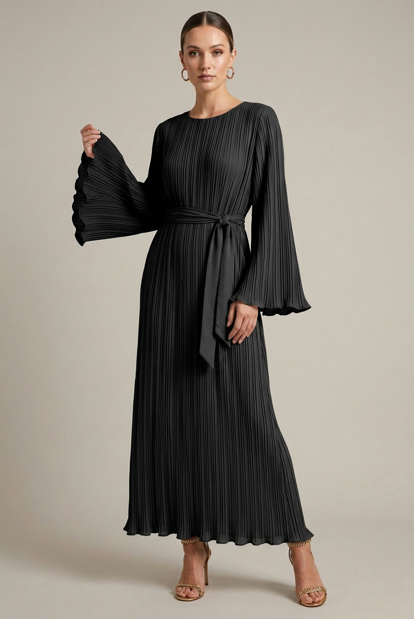 Pleated Belted Long Sleeve Dress