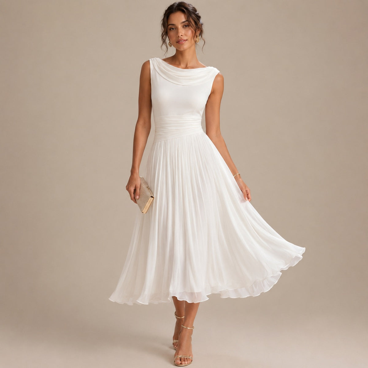 Cowl Neck Pleated Midi Dress