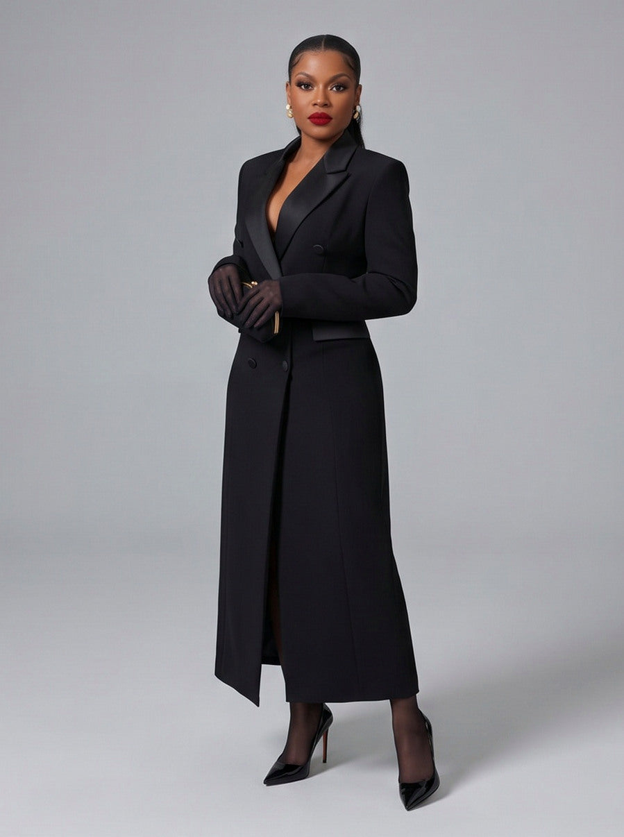Satin Lapel Double Breasted Maxi Coat