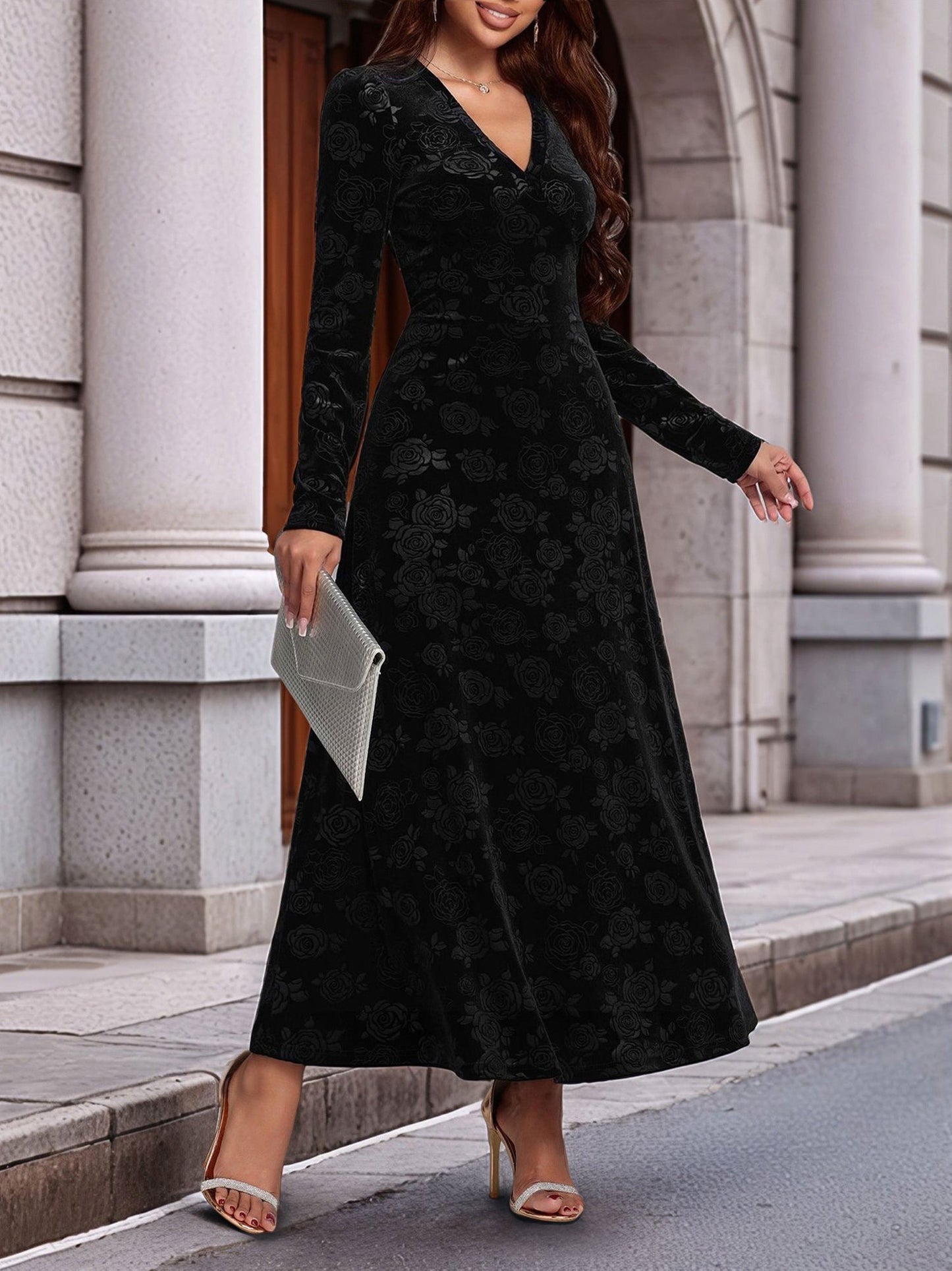 Velvet Floral Long Sleeve Maxi