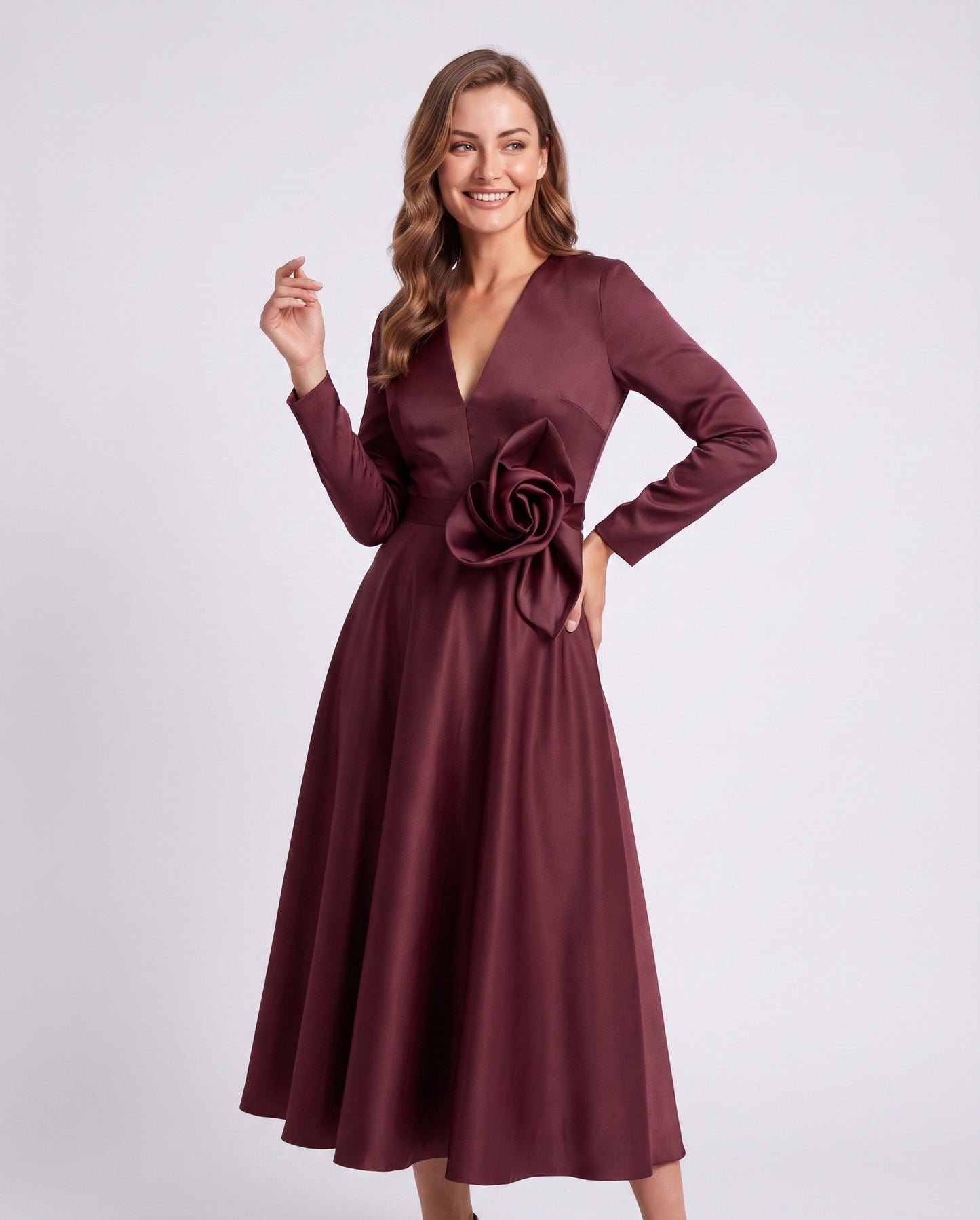 Satin Long Sleeve Midi Dress