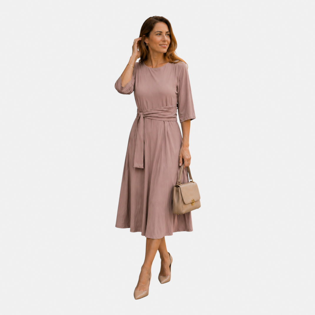Belted 3/4 Sleeve Midi Dress