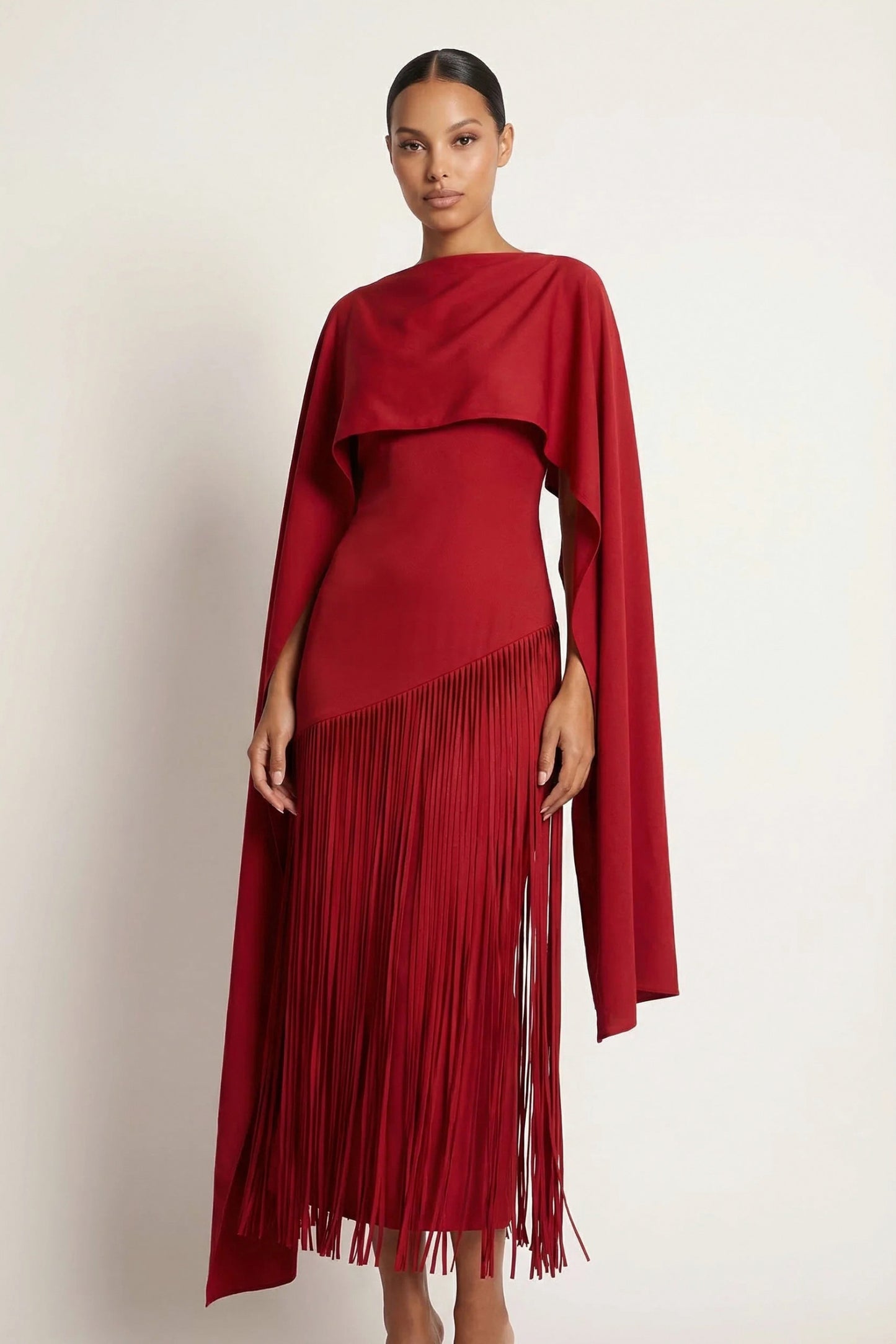 Cape Overlay Fringe Maxi Dress
