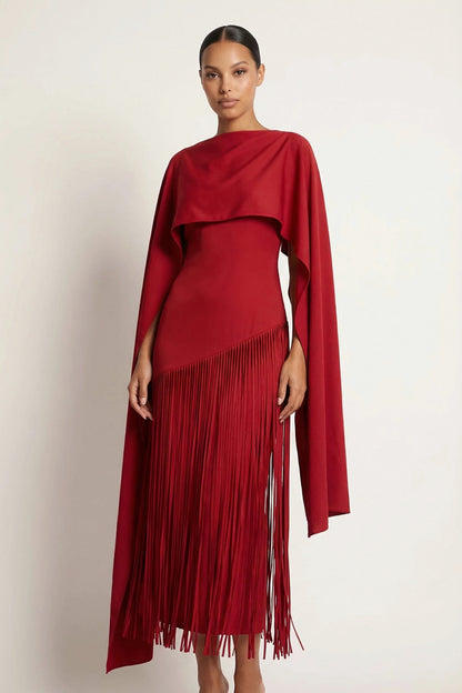 Cape Overlay Fringe Maxi Dress