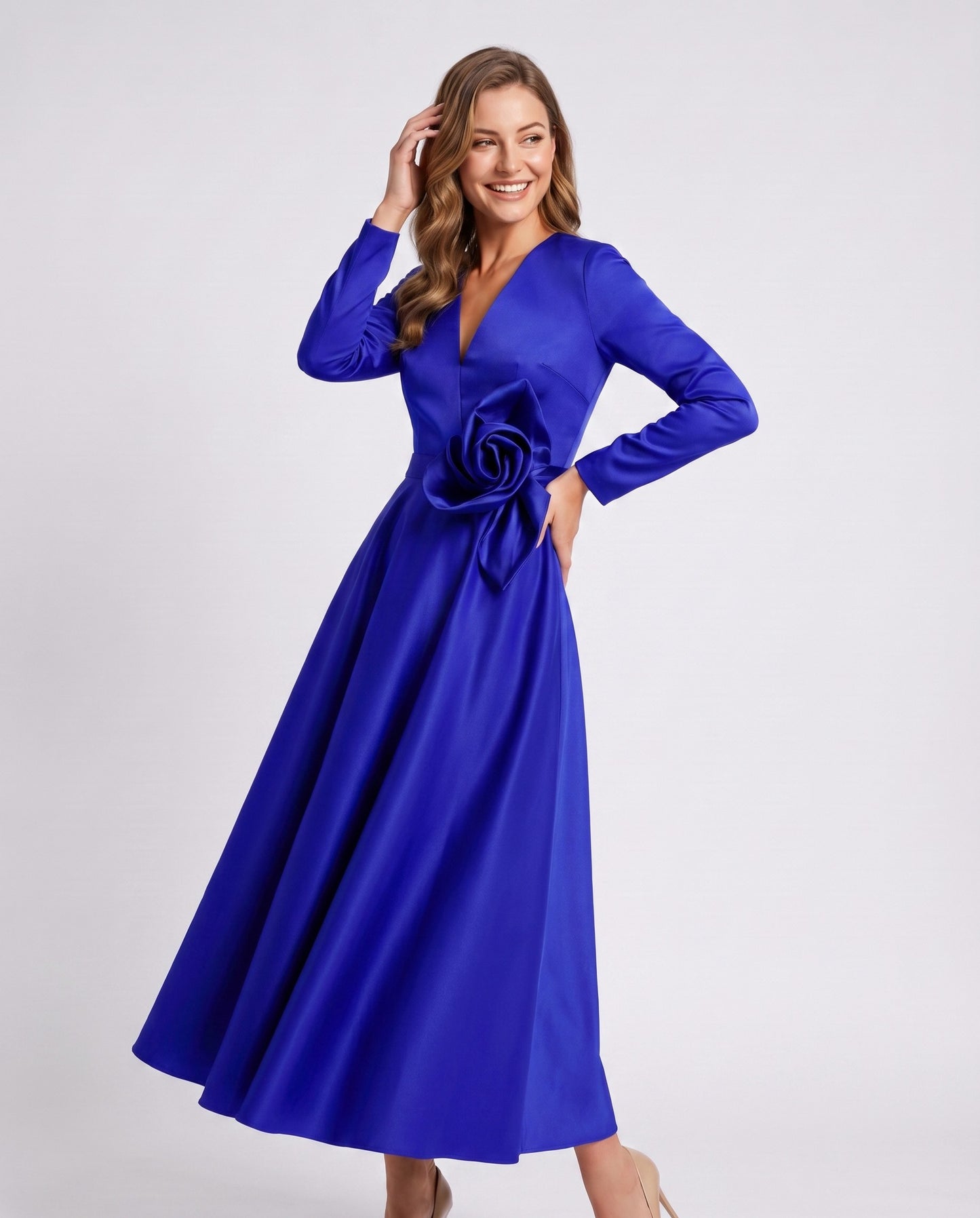Satin Long Sleeve Midi Dress