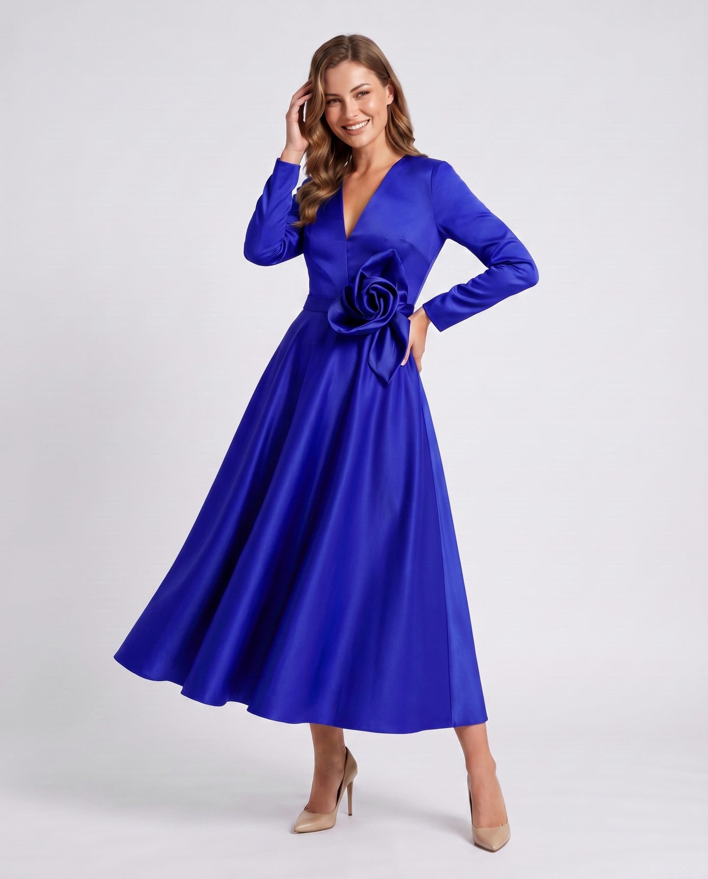 Satin Long Sleeve Midi Dress
