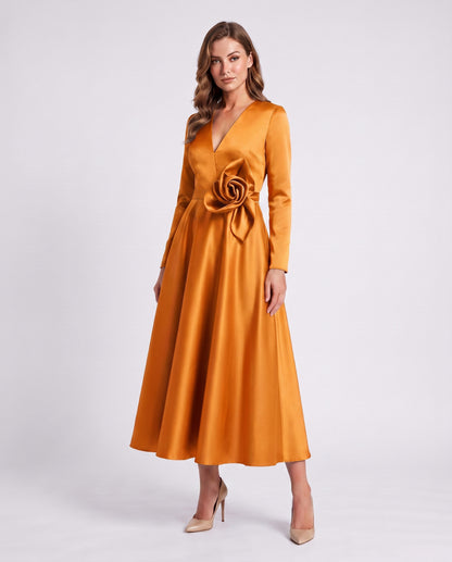 Satin Long Sleeve Midi Dress