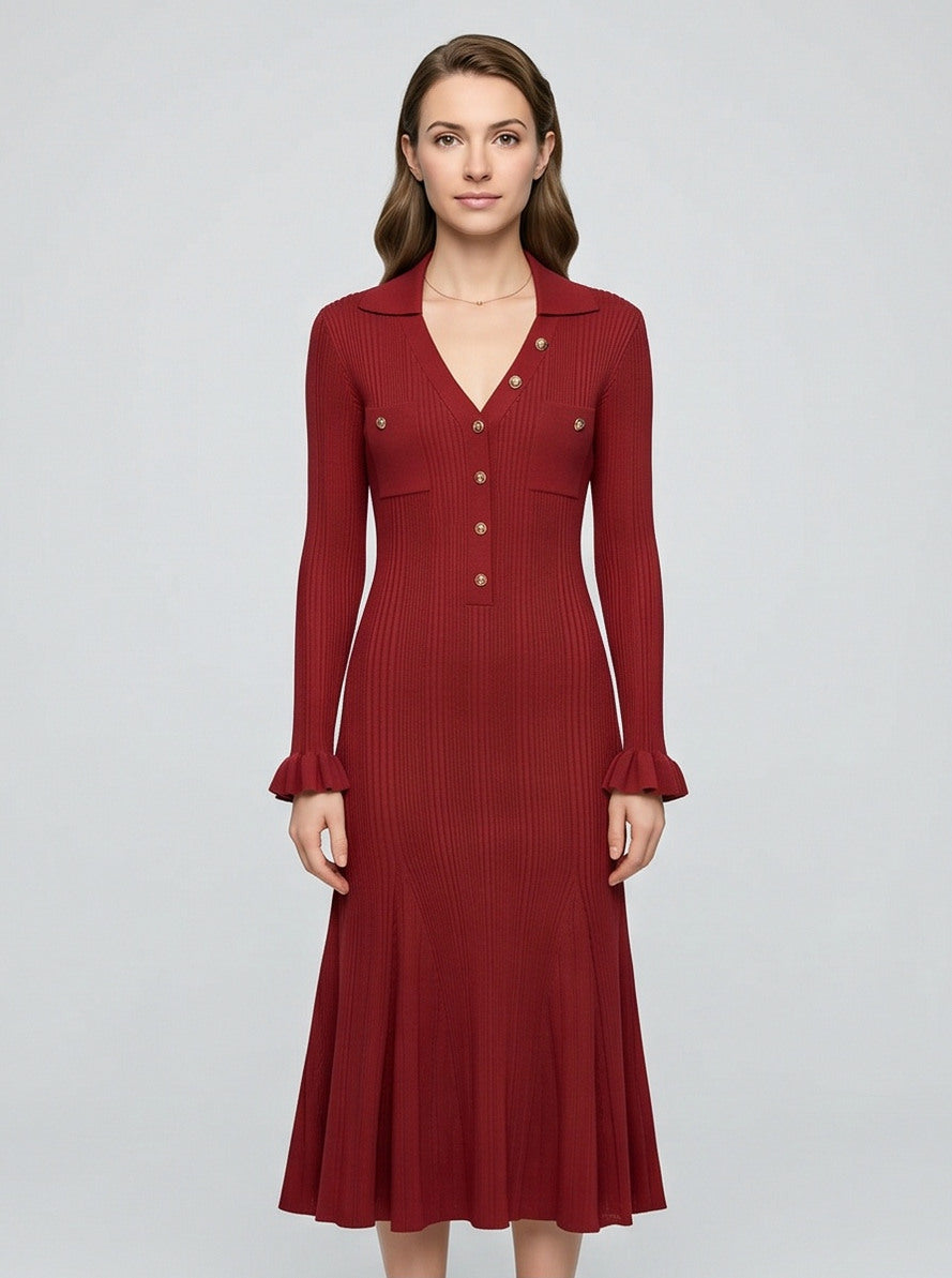 Ribbed Knit Button Front Midi Dress