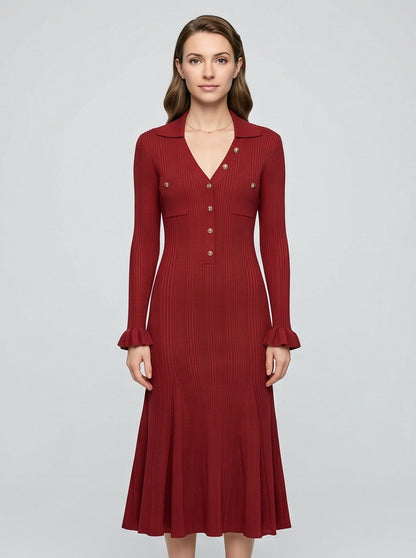 Ribbed Knit Button Front Midi Dress