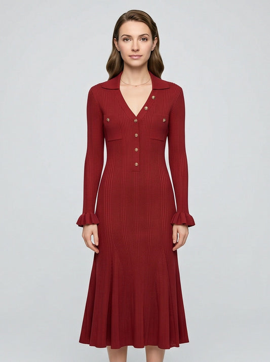 Ribbed Knit Button Front Midi Dress