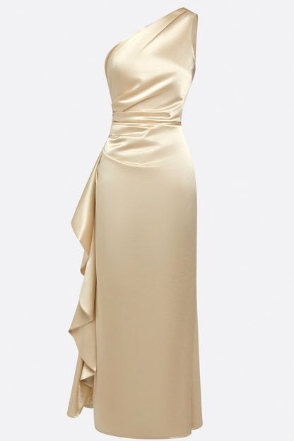 Satin One Shoulder Ruched Gown