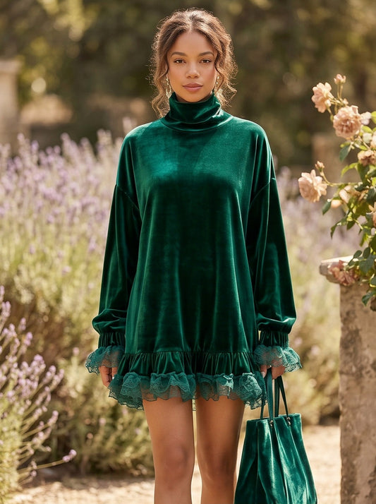 Velvet Turtleneck Ruffle Mini Dress