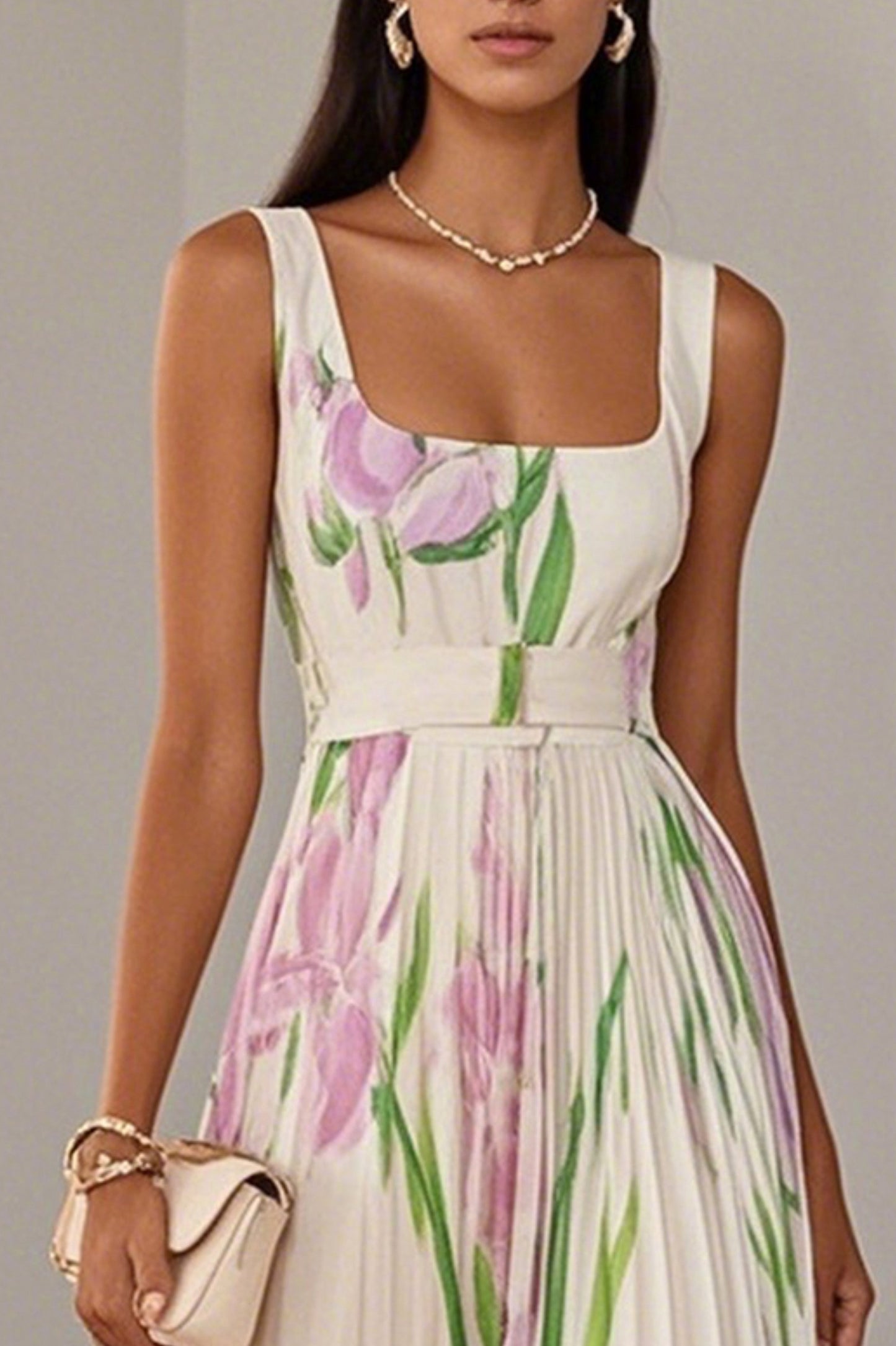 Floral Pleated Belted Maxi Dress
