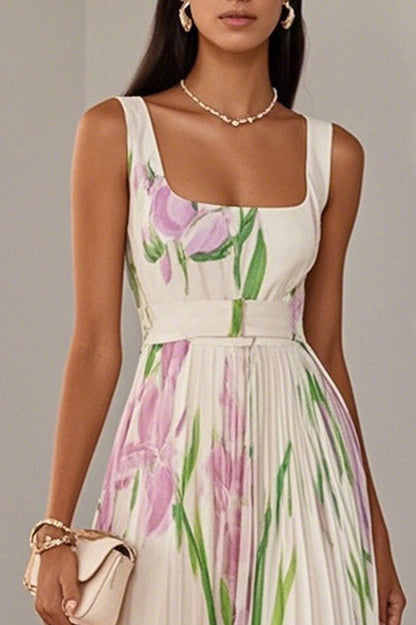 Floral Pleated Belted Maxi Dress